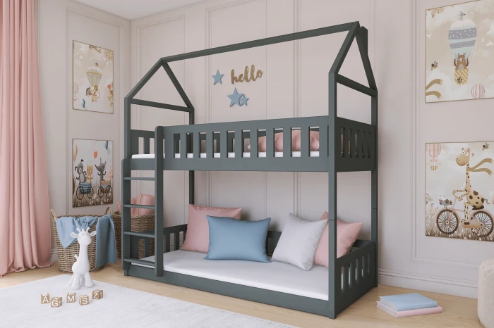Furnished children's room with grey house bunk bed, pink curtains and decoration.