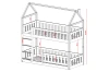 Technical drawing with dimensions for children's bunk bed in house shape.