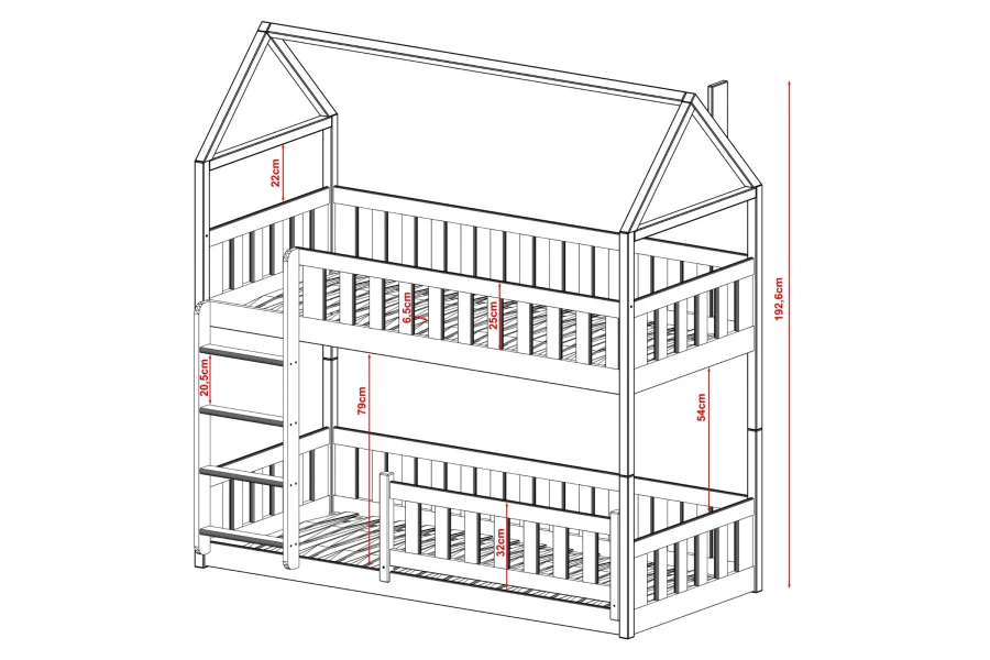 Technical drawing with dimensions for children's bunk bed in house shape.