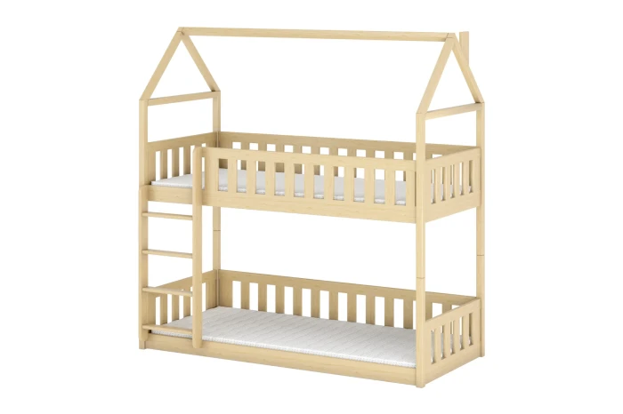 Zweistöckiges Hausbett aus Kiefer Natur für Kinder mit stabilen Gittern und Leiter.