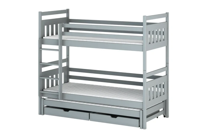 Graues Etagenbett aus Massivholz mit drittem Ausziehbett und zwei geräumigen Bettschubladen.