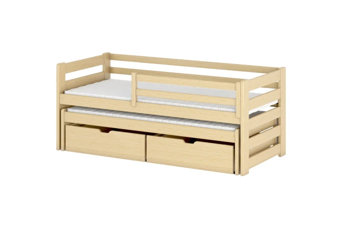 Ausziehbares Kinderbett aus Kiefer Natur mit integrierten Schubladen und zweiter Liegefläche.