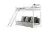 Weißes Hochbett mit integriertem Sofa in Grau und schräger Leiter für das Kinderzimmer.
