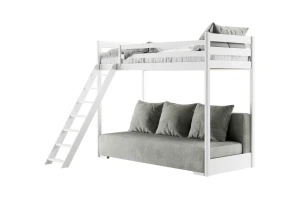 SIDNEY 90x200/140x200 Aschgrau Hochbett mit ausziehbarer Couch in beigem Stoff poso 38 Deine Möbel