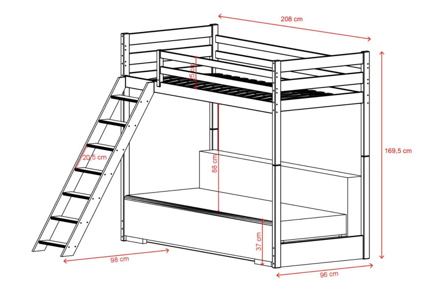 Maßskizze eines Hochbettes mit Sofa: Länge 208cm, Höhe 169,5cm, Breite 96cm. Technische Produktdetails.