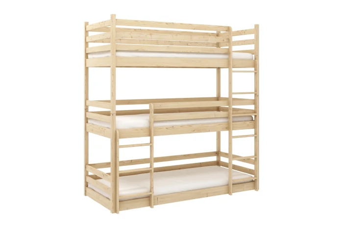Solid 3-tier bunk bed made of pine wood, space-saving bunk bed for three children.