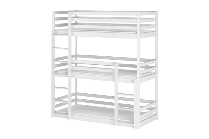 Modernes Dreierstockbett in Weiß aus massivem Kiefernholz auf weißem Hintergrund.