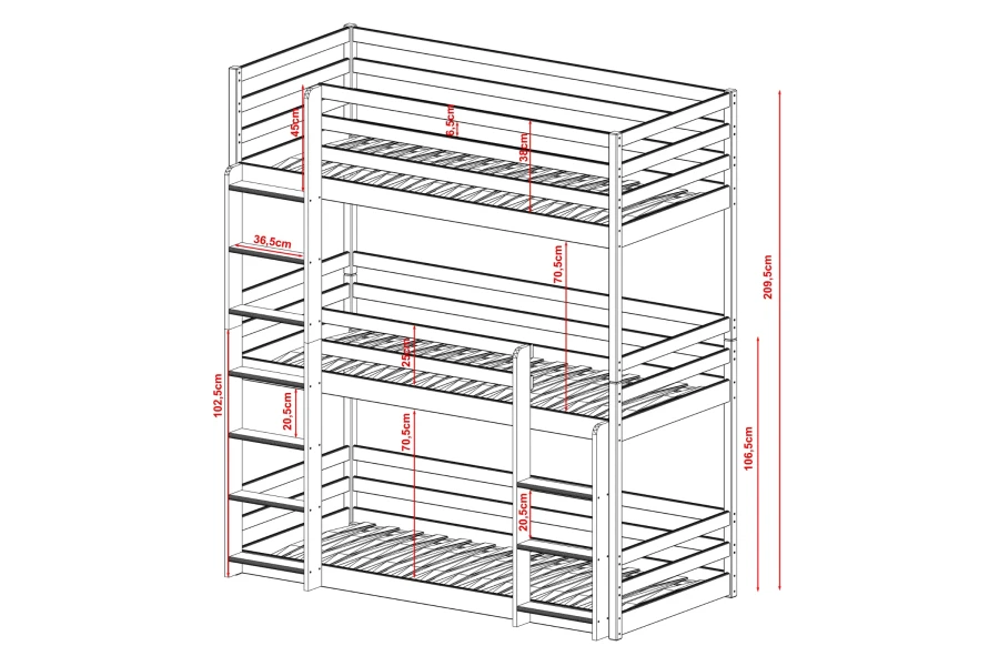 Maatschets van een stapelbed met 3 verdiepingen with gedetailleerde afmetingen in centimeters