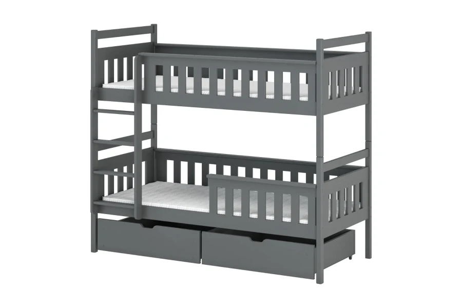 Graues Etagenbett aus Massivholz mit zwei Schubladen für das Kinderzimmer.