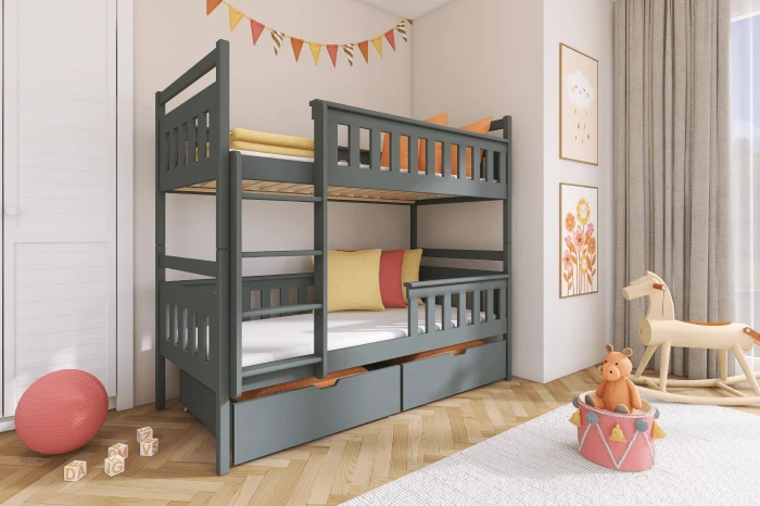 Stilvoll eingerichtetes Kinderzimmer mit einem grauen Etagenbett und Holzspielzeug.