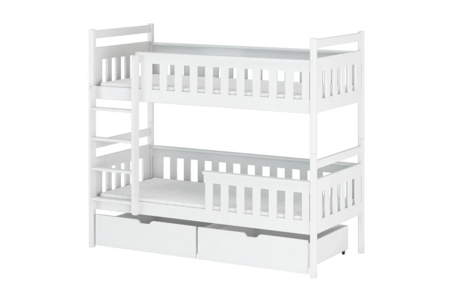Weißes Etagenbett aus Kiefernholz mit Schubladen und Leiter für das Kinderzimmer.