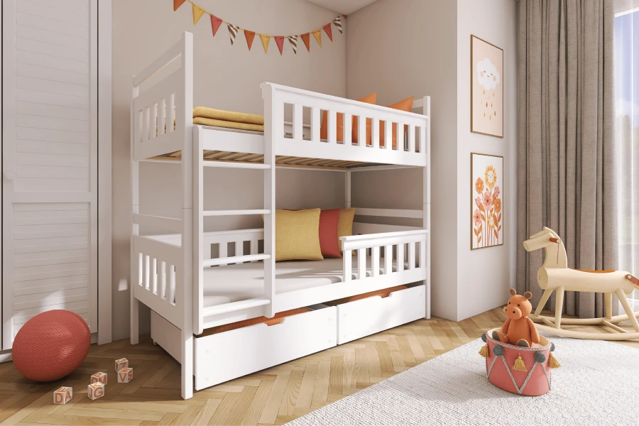 Hochwertiges weißes Doppelstockbett im sonnigen Kinderzimmer mit Holzspielzeug.
