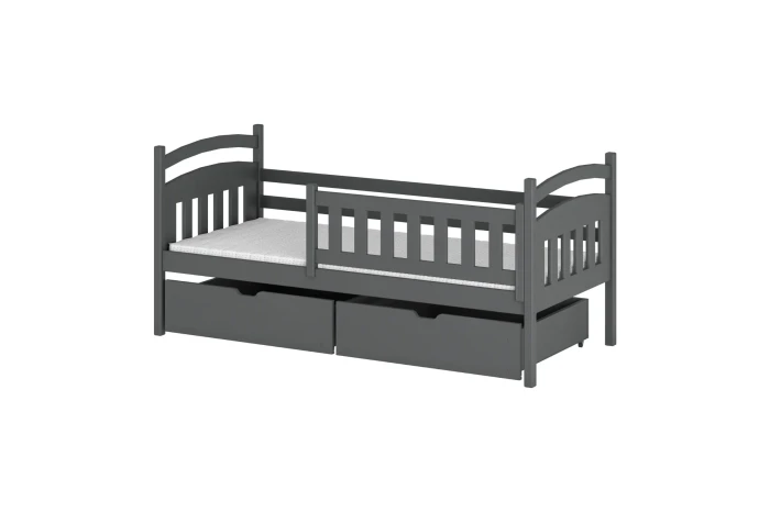 Graues Kinderbett aus Kiefernholz mit Rausfallschutz und zwei Bettkästen.
