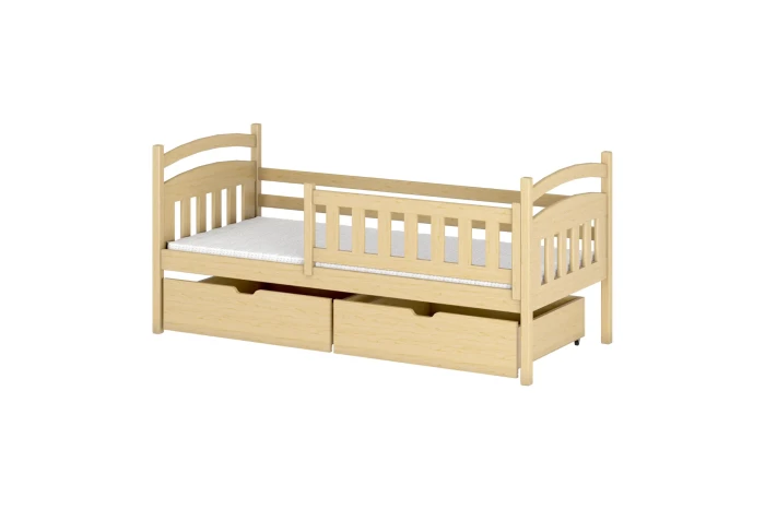 Klassisches Kinderbett aus Kiefer Natur mit Rausfallschutz und Unterbettschubladen.