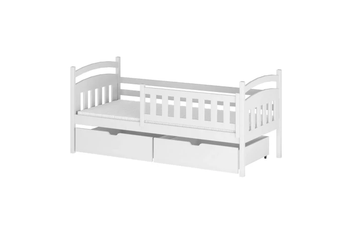 Einzelansicht eines weißen Kinderbettes mit zwei Schubladen und integriertem Rausfallschutz.