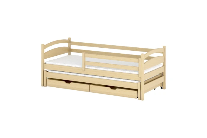 Massivholz-Kinderbett in Kiefer Natur mit ausziehbarer zweiter Liegefläche und Bettkästen.