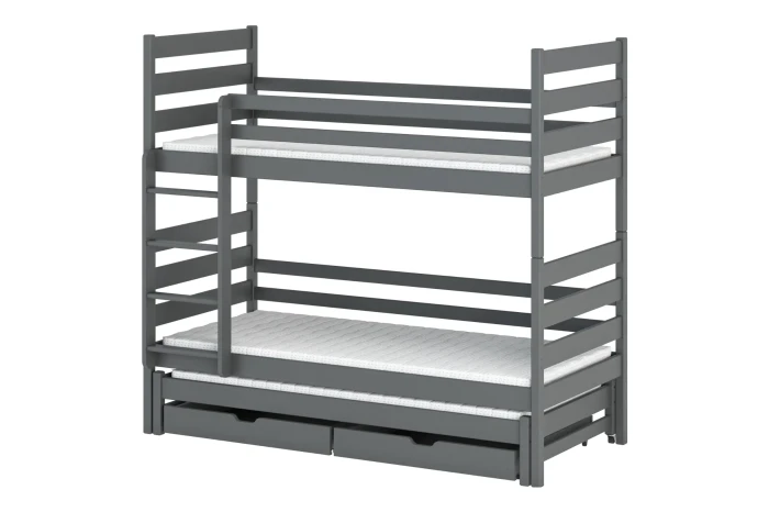 Grey wooden bunk bed with third pull-out bed and two drawers on a white background.