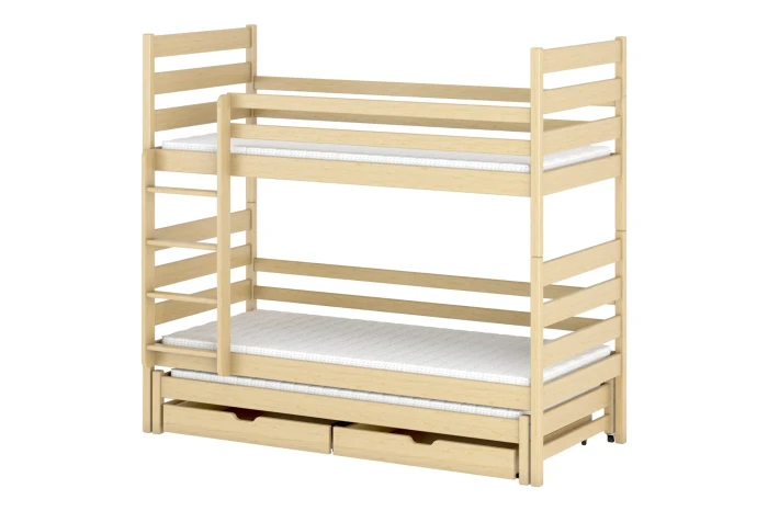Dreifach-Etagenbett aus Natur Kiefer mit Ausziehbett und zwei Bettkästen.