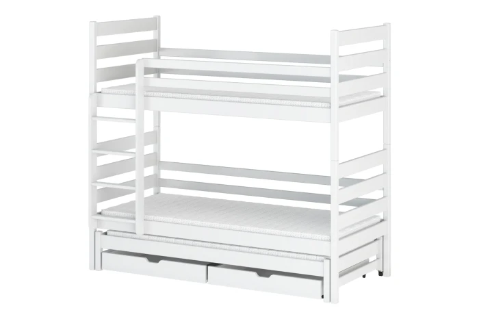 White bunk bed for three children with pull-out sleeping area and storage drawers.