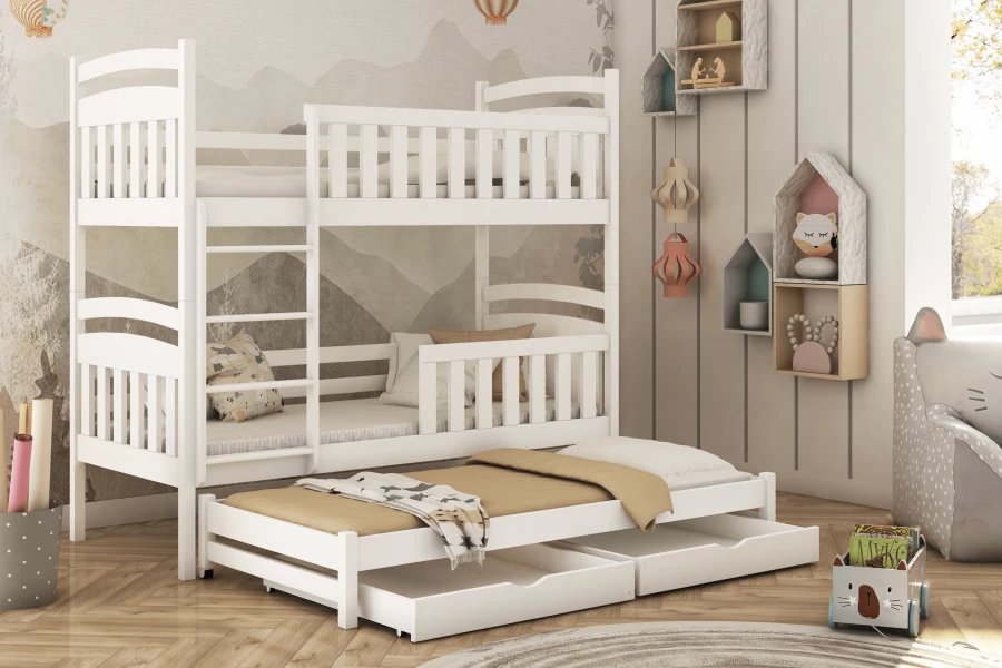 Wit kinder-stapelbed met uitschuiffunctie en bedbakken in een moderne kinderkamer ambiance.
