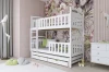 Modern white bunk bed for 3 people in front of a wall with floral pattern wallpaper in the children's room.