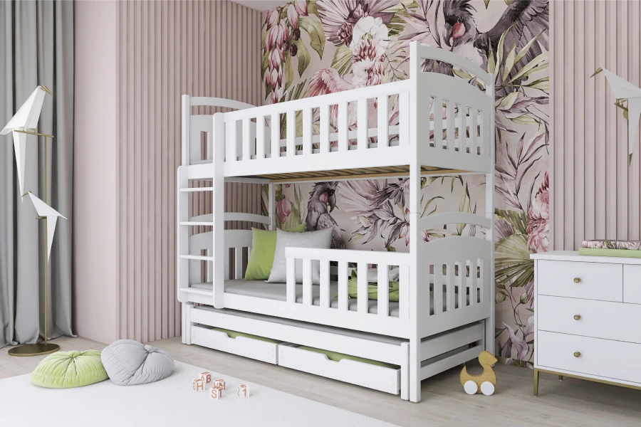 Modern white bunk bed for 3 people in front of a wall with floral pattern wallpaper in the children's room.