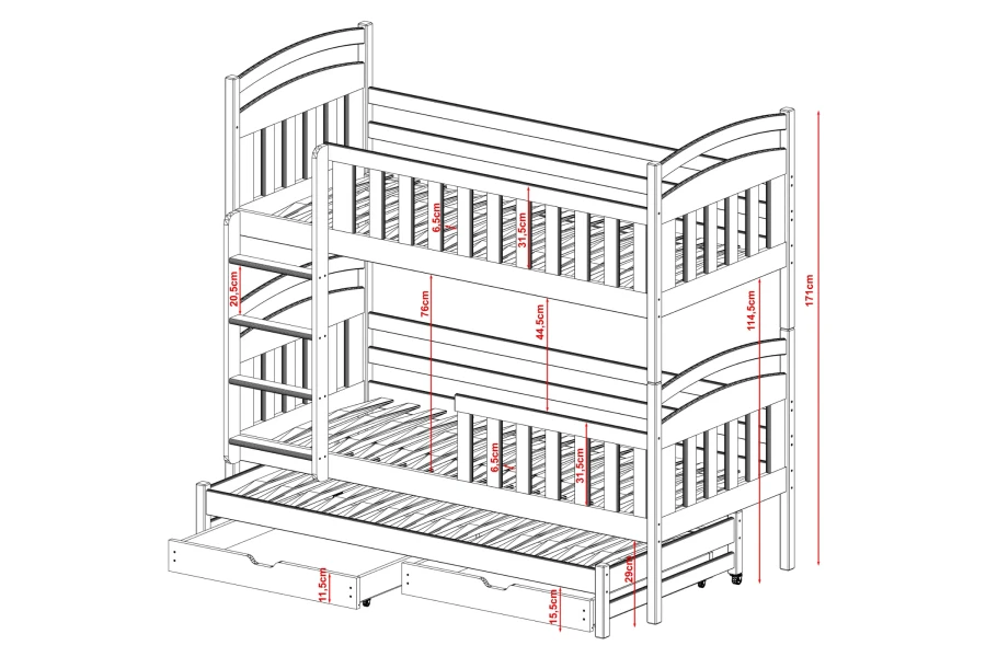Detailed dimensions and technical drawing of the bunk bed with all important measurements.