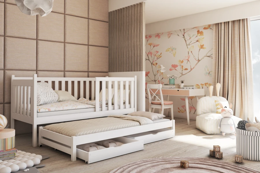 Kinder-Funktionsbett in Weiß mit ausziehbarem Gästebett und praktischem Stauraum.