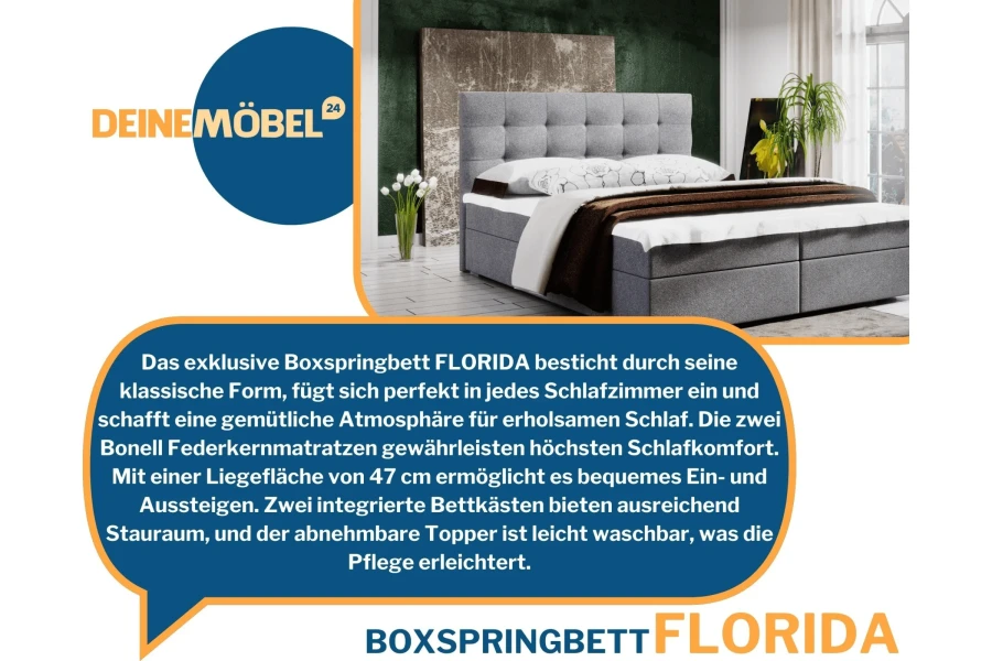 Boxspringbett Florida in Grau mit Bettkasten und Bonell-Federkernmatratze für das Schlafzimmer.