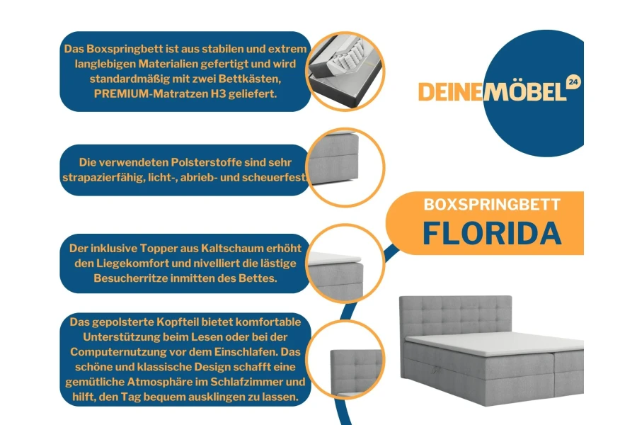 Boxspringbed Florida details: Premium matras H3, koudschuim topper en gestoffeerd hoofdbord voor comfort.