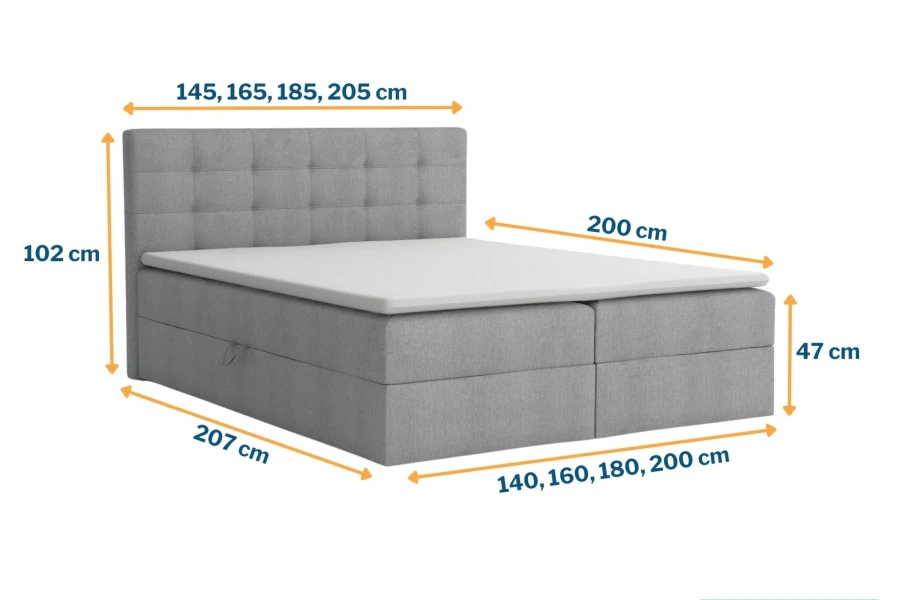Maße und Abmessungen des Boxspringbettes Florida mit Liegehöhe 47 cm und Breiten bis 200 cm.