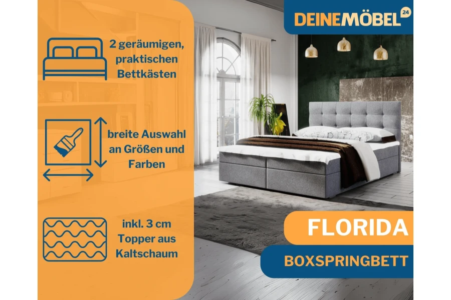 Boxspringbett Florida Übersicht: Inklusive 2 Bettkästen, Topper und Auswahl an verschiedenen Farben.