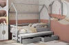 Graues Hausbett für Kinder inklusive Gästebett, Stauraum und verstellbarem Schutzgitter.