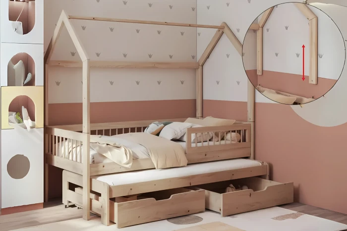 Holz-Hausbett für Kinder mit zusätzlichem Ausziehbett und zwei Schubladen in gemütlichem Zimmer.