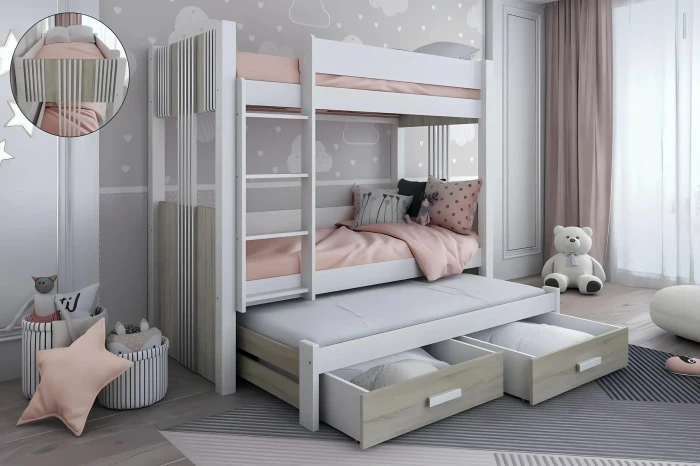 Weißes Kinder-Etagenbett in Holz-Optik mit Ausziehbett und zwei Schubladen für extra Stauraum.