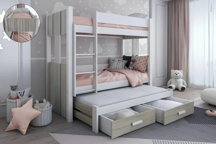 ALEXANDRA III 90x200 Weiß + Eiche Sonoma Etagenbett Ausziehbett mit Schubladen Deine Möbel