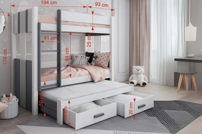 Afmetingen voor het stapelbed: 194 cm breed en 174 cm hoog met details over de bedlade en ligoppervlakken.
