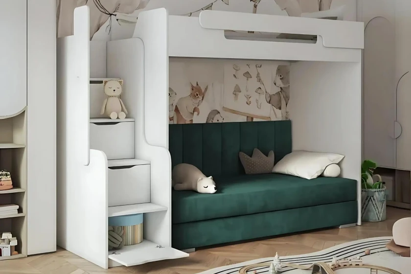 ARTHUR 90x200 Weiß + Velour Amber 502 Dünkelgrün Etagenbett Hochbett Funktionsbett mit Couch Sofa CII Deine Möbel