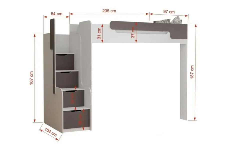 Maßskizze für weißes Hochbett mit Treppenstufen, Schubladen und 205 cm Länge.