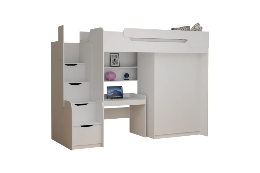 ARTHUR 90x200 Weiß Hochbett Funktionsbett Etagenbett mit Schreibtisch, Schrank und Treppe Deine Möbel