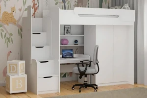 ARTHUR 90x200 Weiß Hochbett Funktionsbett Etagenbett mit Schreibtisch, Schrank und Treppe Deine Möbel