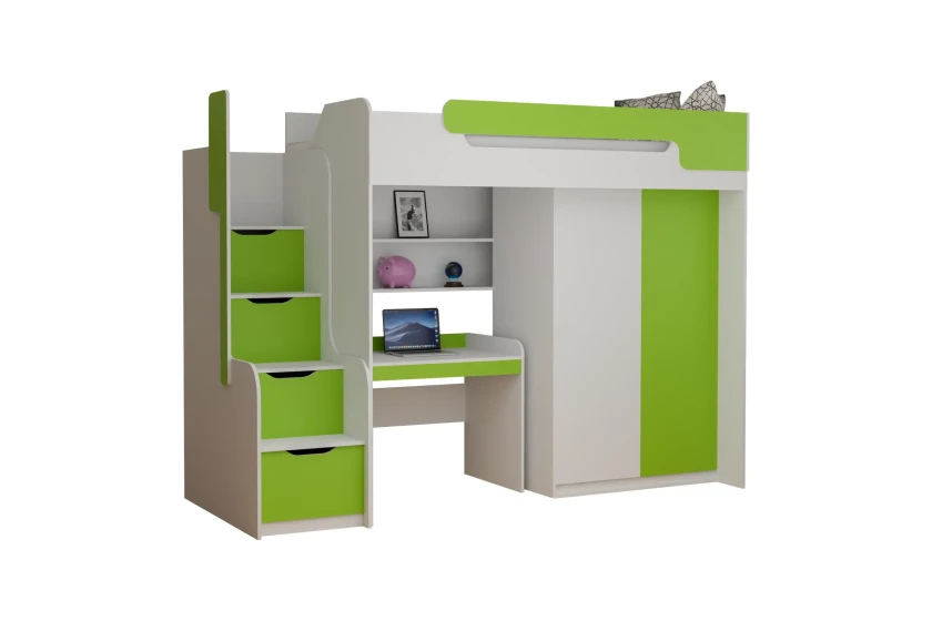 ARTHUR 90x200 Weiß + Grün Hochbett Funktionsbett Etagenbett mit Schreibtisch, Schrank und Treppe Deine Möbel