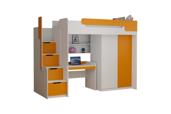 Hochbett für Kinder in Weiß und Orange mit integriertem Schreibtisch, Schrank und Treppenstufen.