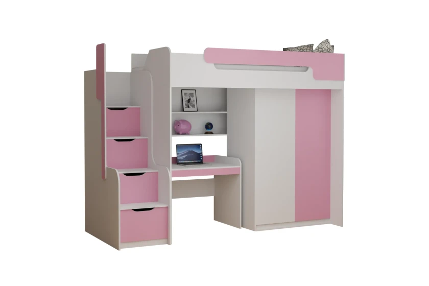 ARTHUR 90x200 Weiß + Pink Hochbett Funktionsbett Etagenbett mit Schreibtisch, Schrank und Treppe Deine Möbel