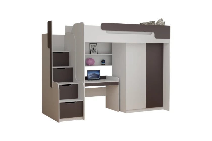 ARTHUR 90x200 Weiß + Graphit Hochbett Funktionsbett Etagenbett mit Schreibtisch, Schrank und Treppe Deine Möbel