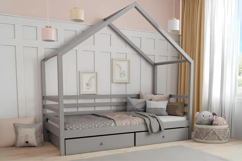 COMET 140x200 Grau Hausbett Kinderbett mit Schubladen Deine Möbel