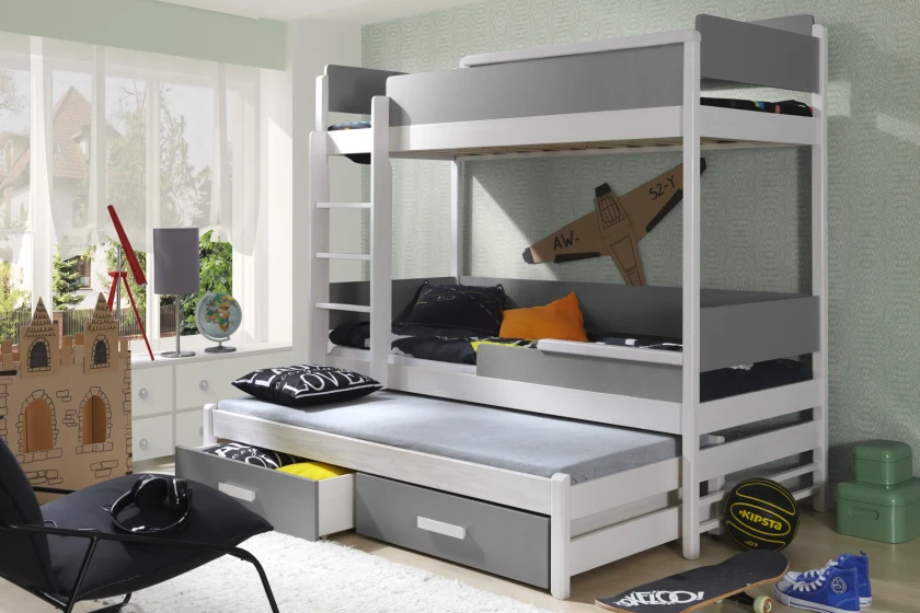 CONNOR 90x200 Weiß + Grau Etagenbett Ausziehbett mit Schubladen Deine Möbel