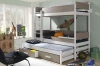 Weiß-graues Funktionsbett für Kinder mit drei Schlafplätzen und praktischem Stauraum für Spielzeug.