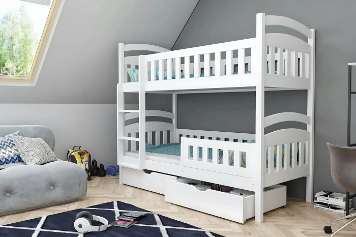 White wooden bunk bed with stable ladders and extra storage space thanks to bed drawers.