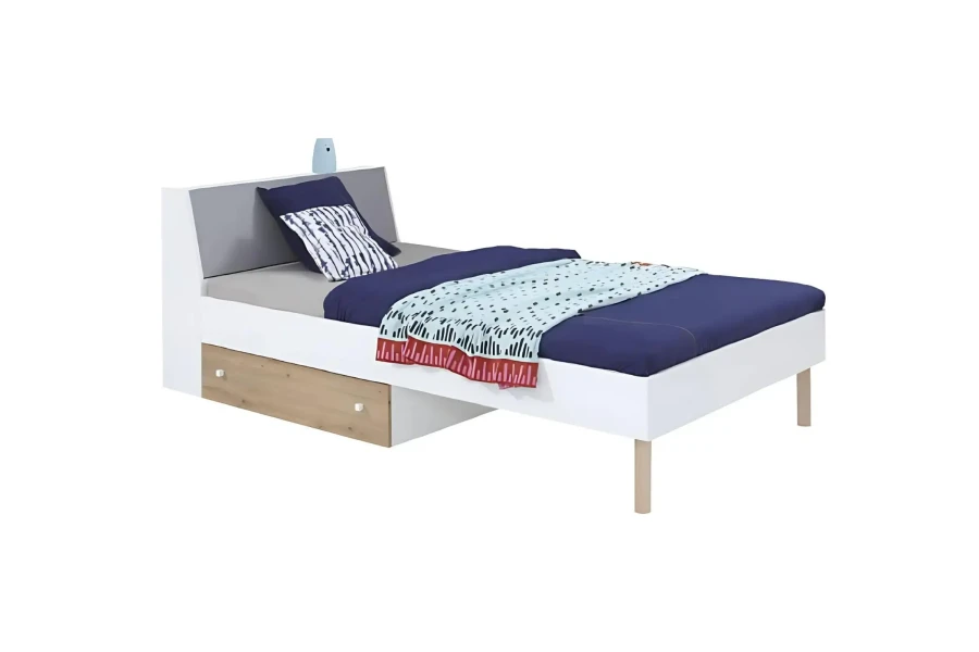 Modernes Jugendbett in Weiß und Grau mit praktischer Bettschublade in Holzoptik.